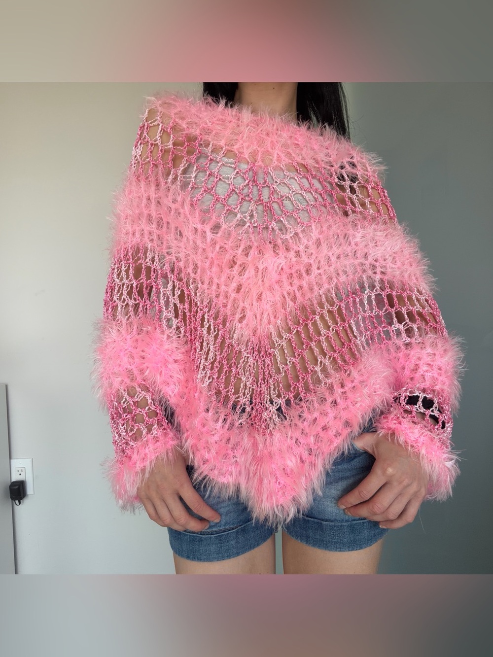 Delicate Pink Fuzzy Open-Knit Women's Sweater